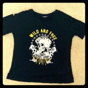 Black graphic t-shirt with Wild and Free graphics